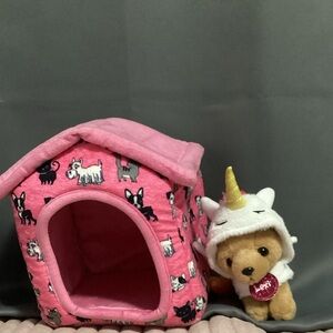 Justice plush Pink Pet House with dog in unicorn costume Plush Toy rainbow white